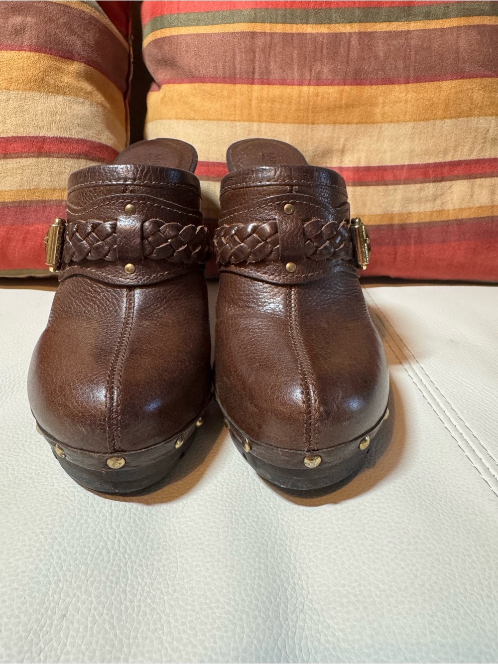 Michael Kors Women Brown Leather Braided Strap Clog Mules